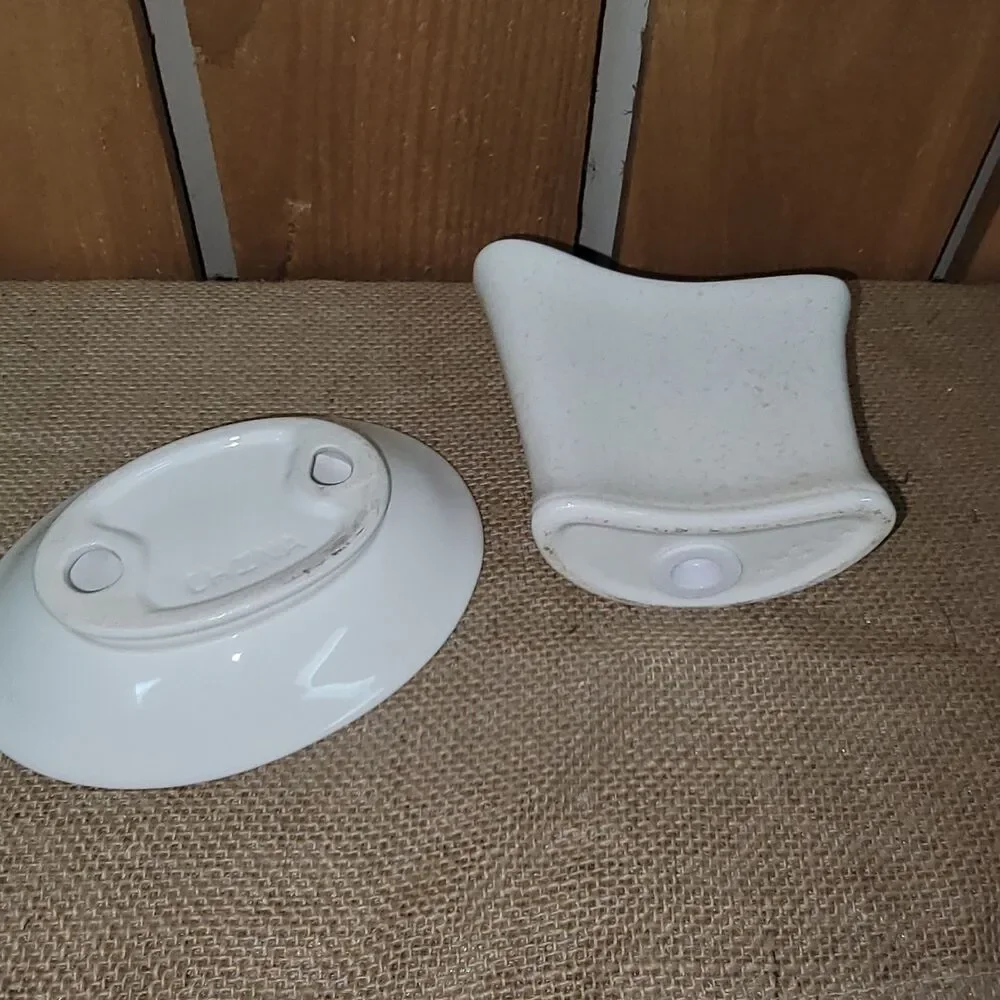 Bathroom Set Soap Dish Toothbrush Holder White Pearlized Gold Trim